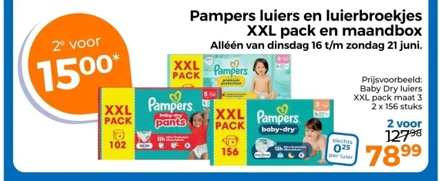 Aanbieding: Pampers luiers en luierbroekjes XXL pack en maandbox
