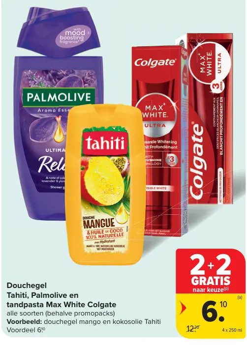 Promotie: Douchegel Tahiti, Palmolive en tandpasta Max 