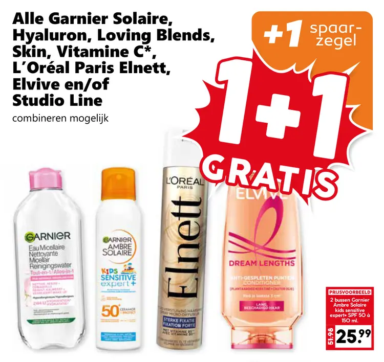 Aanbieding: Alle Garnier Solaire, Hyaluron, Loving Blends, Skin, Vitamine C, L'Oréal Paris Elnett, Elvive en/of Studio Line