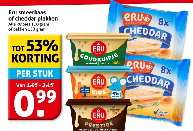 Aanbieding: Eru smeerkaas of cheddar plakken