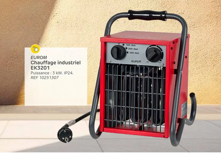 Offre: L'eurom ek3201 est un radiateur soufflant électrique destiné à être utilisé dans un atelier, un hangar ou un garage. Grâce à la combinaison de la