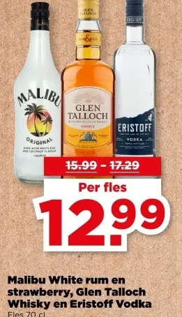 Aanbieding: Malibu White rum en strawberry, Glen Talloch Whisky en Eristoff Vodka