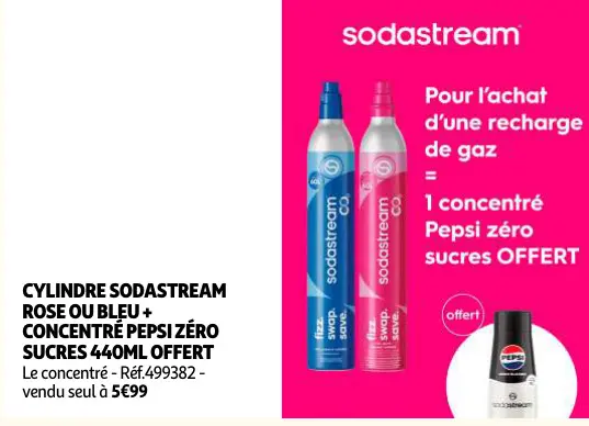 Promotie: Cylindre sodastream rose ou bleu + concentré Pepsi Zéro Sucres