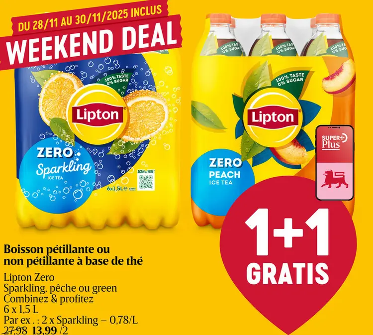 Offre: Lipton Zero Sparkling, pêche ou green