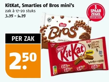 Aanbieding: KitKat, Smarties of Bros mini's