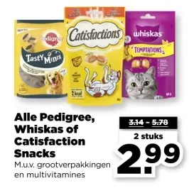 Aanbieding: Alle Pedigree, Whiskas of Catisfaction Snacks