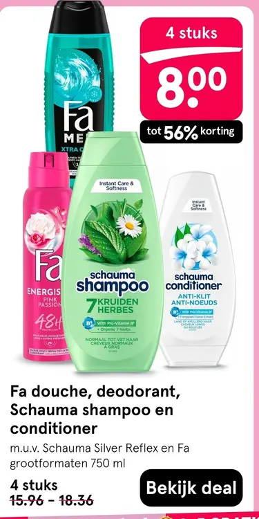 Aanbieding: Fa douche, deodorant, Schauma shampoo en conditioner
