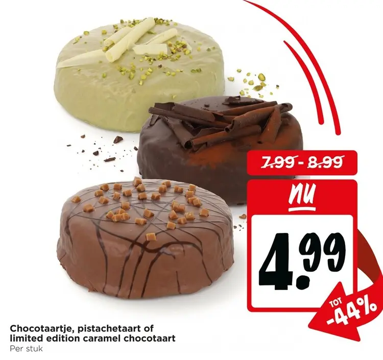 Aanbieding: Chocotaartje, pistachetaart of limited edition caramel chocotaart