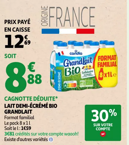 Offre: Lait demi-écrémé bio Grandlait