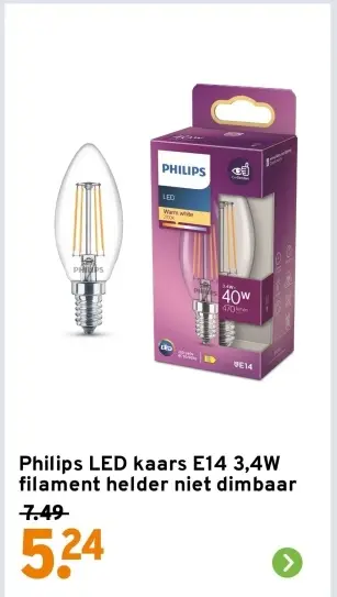 Aanbieding: LED kaars E14 3,4W filament helder niet dimbaar