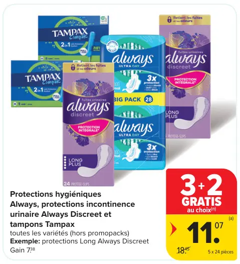 Offre: Protections hygiéniques Always, protections incontinence urinaire Always Discreet et tampons Tampax