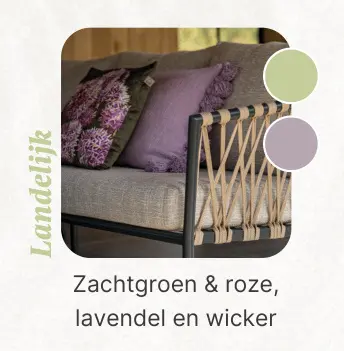 Aanbieding: Zachtgroen & roze, lavendel en wicker