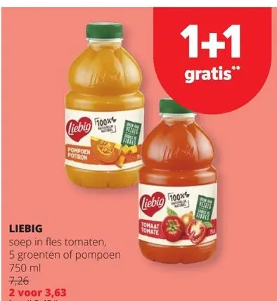 Promotie: Soep in fles tomaten, 5 groenten of pompoen
