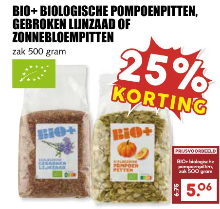 Aanbieding: Biologische pompoenpitten, gebroken lijnzaad of zonnebloempitten