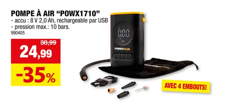 Offre: Powerplus POWX1710 pompe à  air 8V + 4 embouts