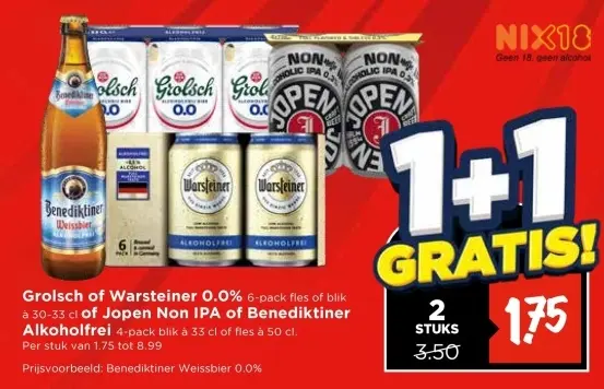 Aanbieding: Grolsch of Warsteiner 0.0% of Jopen Non IPA of Benediktiner