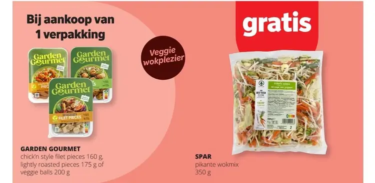 Promotie: Chick'n style filet pieces, lightly roasted pieces of veggie balls met gratis pikante wokmix