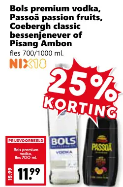 Aanbieding: Bols premium vodka, Passoã passion fruits, Coeberg classic bessenjenever of Pisang Ambon