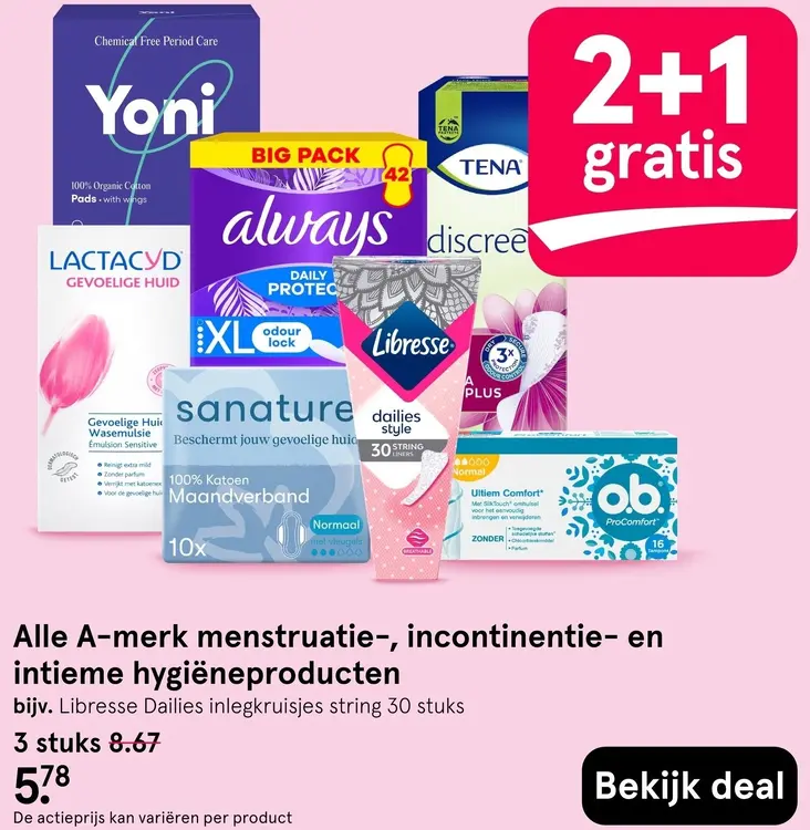 Aanbieding: Alle A-merk menstruatie-, incontinentie- en intieme hygiëneproducten