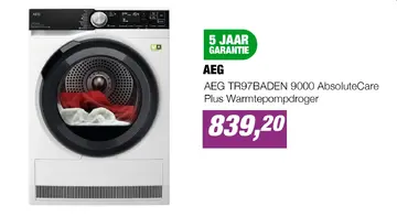 Aanbieding: AEG TR97BADEN 9000 AbsoluteCare Plus Warmtepompdroger