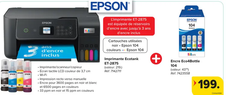 Offre: Imprimante Ecotank ET-2875 + Encre Eco4Bottle 104