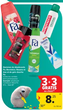 Offre: Gammes de déodorants Fa, Borotalco, Rexona etAxe et de gels douche Fa