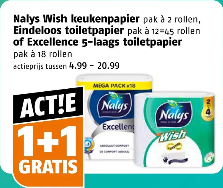 Aanbieding: Nalys Wish keukenpapier, Eindeloos toiletpapier of Excellence 5-laags toiletpapier