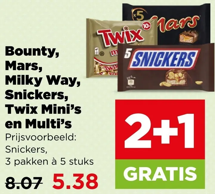 Aanbieding: Bounty, Mars, Milky Way, Snickers, Twix Mini's en Multi's