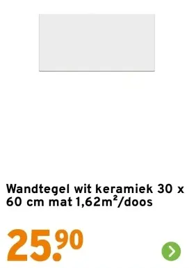 Aanbieding: Wandtegel wit keramiek 20 x 60 cm mat 1,62m^2 per doos
