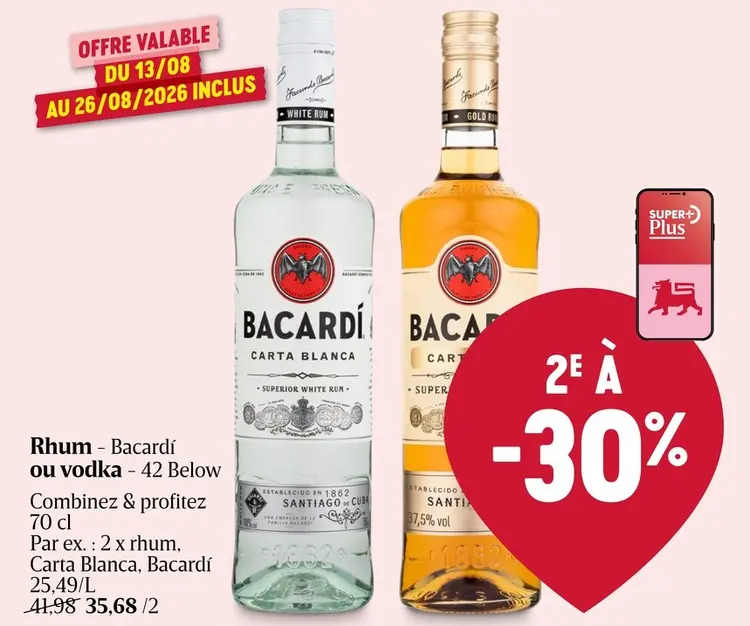 Offre: Rhum - Bacardí ou vodka - 42 Below