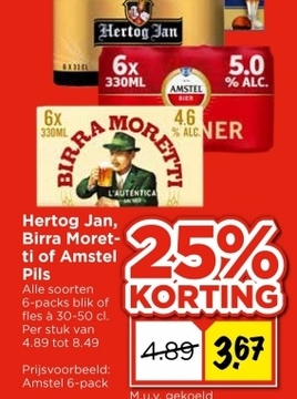 Aanbieding: Hertog Jan, Birra Moretti of Amstel Pils