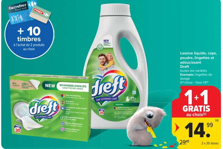 Offre: Lessive liquide, caps, poudre, lingettes et adoucissant