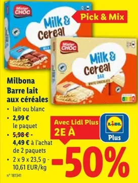 Offre: Milbona Barre lait aux céréales