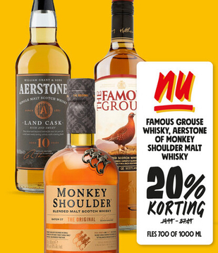 Aanbieding: FAMOUS GROUSE WHISKY, AERSTONE OF MONKEY SHOULDER MALT WHISKY