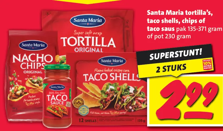 Aanbieding: Santa Maria tortilla's, taco shells, chips of taco saus
