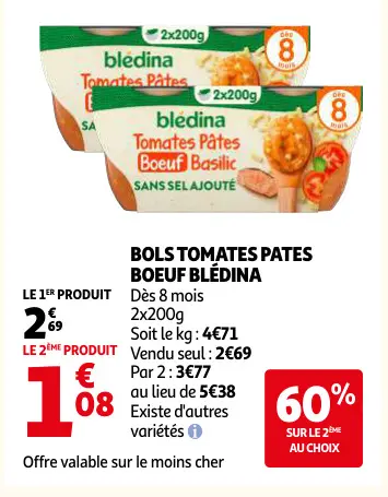 Offre: Bols tomates pates boeuf