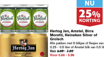 Aanbieding: Hertog Jan, Amstel, Birra Moretti, Heineken Silver of Grolsch