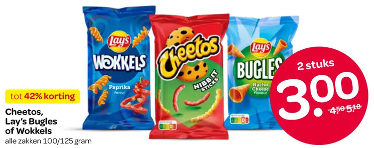 Aanbieding: Cheetos, Lay's Bugles of Wokkels