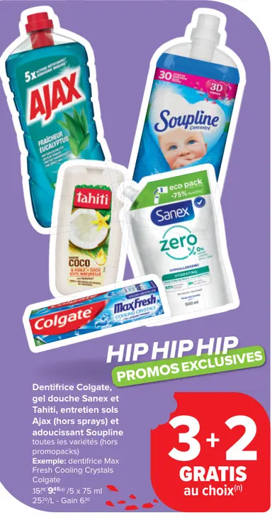Offre: Dentifrice Colgate, gel douche Sanex et Tahit