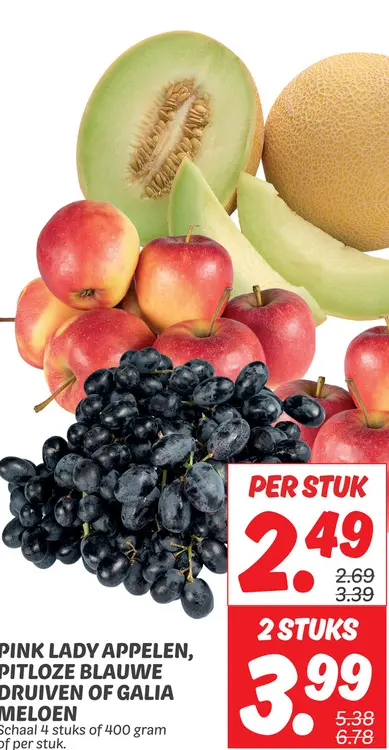 Aanbieding: Pink lady appelen, pitloze blauwe druiven of Galia meloen