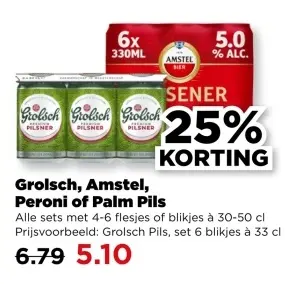 Aanbieding: Grolsch, Amstel, Peroni of Palm Pils