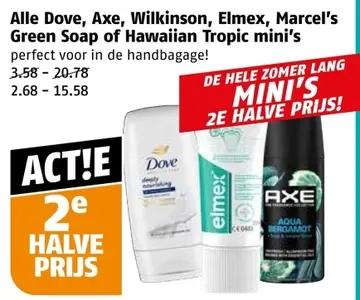 Aanbieding: Alle Dove, Axe, Wilkinson, Elmex, Marcel's Green Soap of Hawaiian Tropic mini's