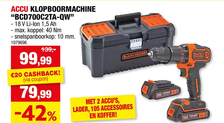 Promotie: Black+Decker BCD700C2TA-QW accu klopboorschroefmachine 2x18 V Li-Ion + 2 accu's + lader + 105 accessoires