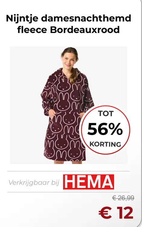 Aanbieding: Nijntje damesnachthemd fleece Bordeauxrood