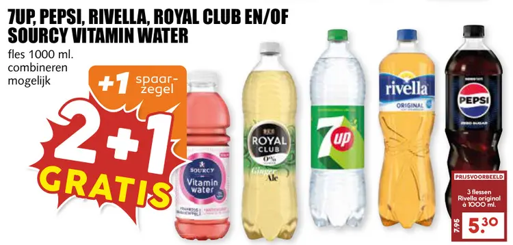 Aanbieding: 7Up, Pepsi, Rivella, Royal Club en/of Sourcy Vitamin Water