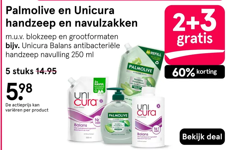 Aanbieding: Palmolive en Unicura handzeep en navulzakken