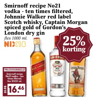 Aanbieding: Smirnoff recipe No21 vodka - ten times filtered, Johnnie Walker red label Scotch whisky, Captain Morgan spiced gold of Gordon's London dry gin