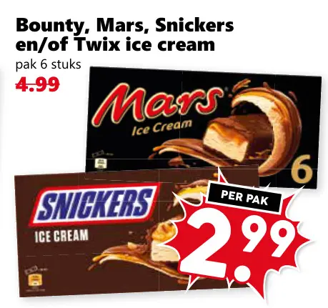 Aanbieding: Bounty, Mars, Snickers en/of Twix ice cream