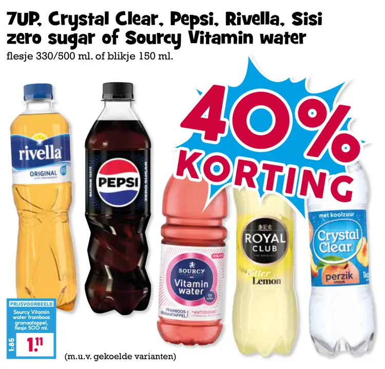 Aanbieding: 7UP, Crystal Clear, Pepsi, Rivella, Sisi zero sugar of Sourcy Vitamin water