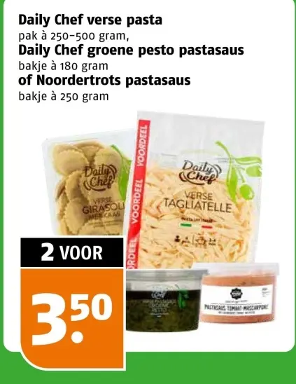 Aanbieding: Verse pasta, groene pesto pastasaus of pastasaus